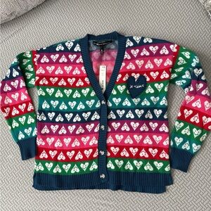 Aqua Multicolor Heart Pattern Cardigan